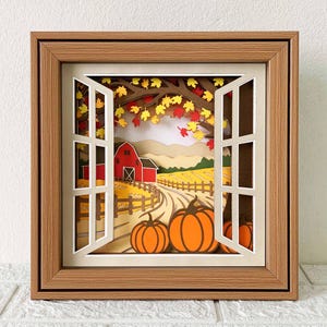 Fall Farm Window Shadow Box SVG, Pumpkin Fall Leaves Layered Design (Digital Download)