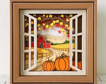 Fall Farm Window Shadow Box SVG, Pumpkin Fall Leaves Layered Design (Digital Download)