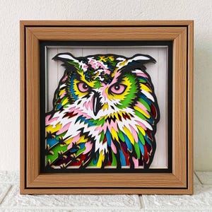 May include: A colorful, layered paper art piece of an owl in a wooden frame. The owl features vibrant pink, yellow, green, blue, and black details. The artwork is set against a white background with a black border.