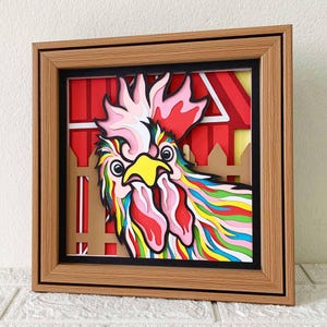 Poulet 3D Shadow Box SVG / Papier découpé coq coloré / Papier cartonné couche animaux de la ferme / Art mural coloré de la ferme / pour Cricut / pour Silhouette