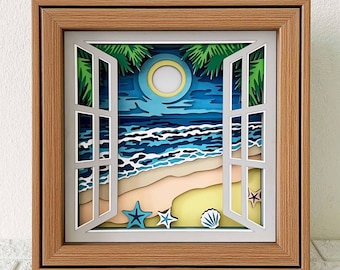 3D Beach Scene Shadow Box SVG, Summer Window View Papercut Art (Digital Download)