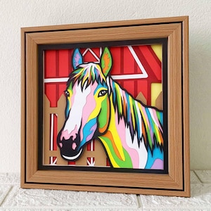 Caballo 3D en capas SVG para cartulina, decoración de granja, arte pop de animales de granero, papel 3D de caballo de granja colorido, para Cricut, para Silhouette
