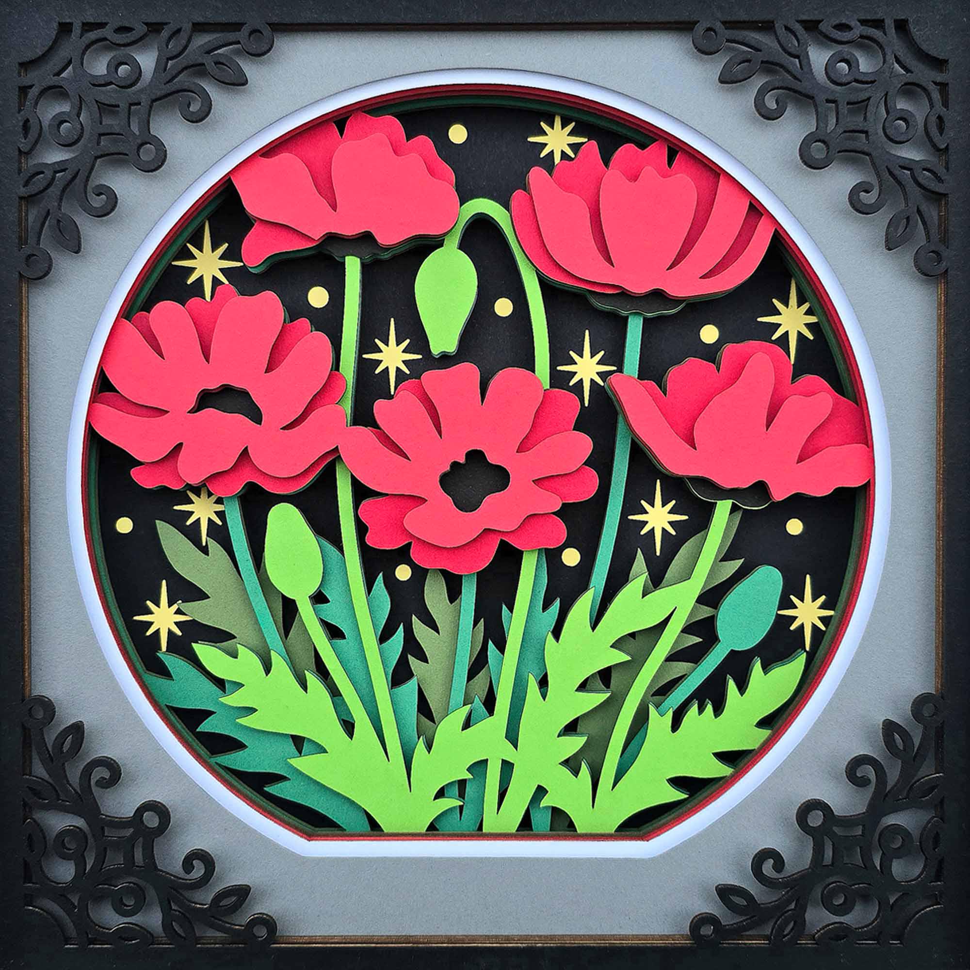 ポピー 3D シャドーボックス SVG/ 3D ペーパーカットアート ポピー/ 8