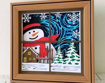 3D雪だるまウィンドウシャドーボックスSVG/冬の窓辺の風景/クリスマス