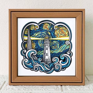 May include: A framed artwork featuring a lighthouse scene. The artwork depicts a white lighthouse with a yellow light beam, set against a swirling night sky in shades of blue and yellow. The waves are blue and white.