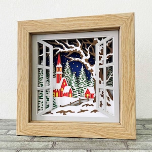 Fenêtre d'église d'hiver vue Shadow Box SVG / décoration de Noël église dans la neige / couche 3D fenêtre jour d'hiver / projet Cricut / pour Silhouette