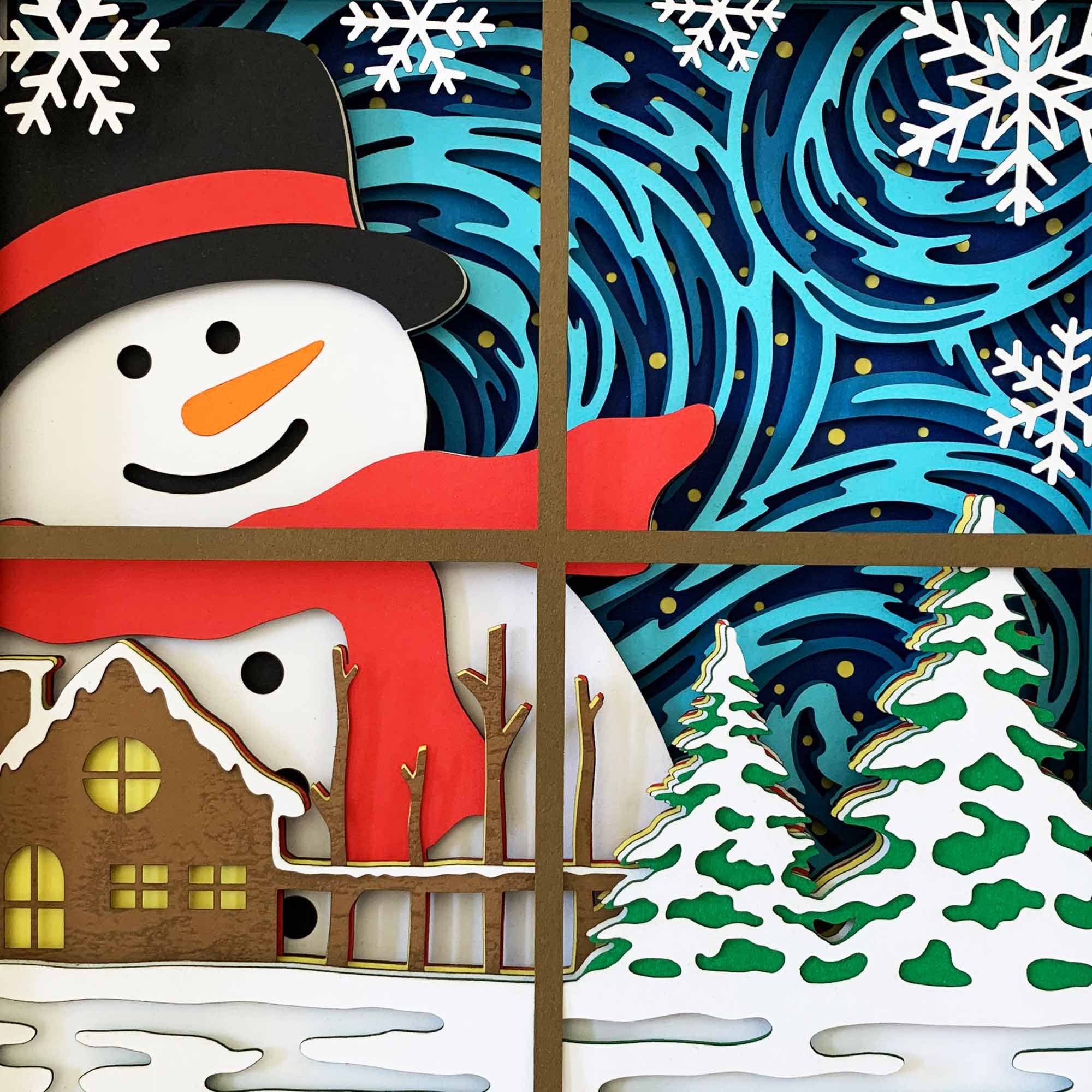 3D雪だるまウィンドウシャドーボックスSVG/冬の窓辺の風景/クリスマス