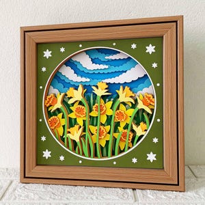 Caixa de sombra 3D de campo de narciso SVG/camada 3D de narciso/cartão em camadas de campo de flores/presente de flores de aniversário/para Cricut/para Silhouette