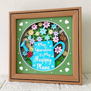 Regadera con flores, caja de sombra 3D SVG, arte de corte de papel de jardinería 3D, flores de jardín de primavera, cartulina en capas, para Cricut, para Silhouette