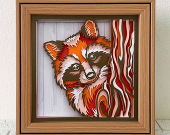 Procione che sbircia in una scatola 3D con effetto ombra (SVG), illustrazione di animale in carta a strati (download digitale)