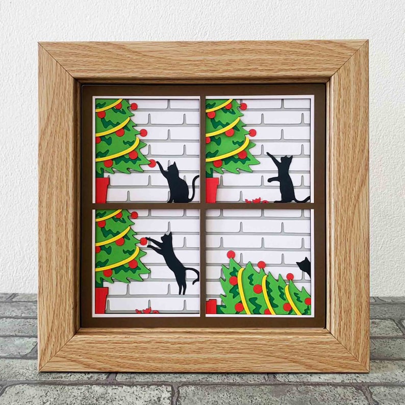 Cat Knock Over Christmas Tree Shadow Box SVG/ Funny Cat image 6