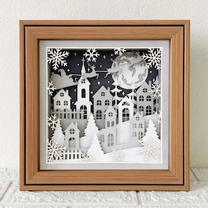 3D Christmas Village Shadow Box SVG, rustieke nachtscène gelaagd gesneden bestand (digitale download)