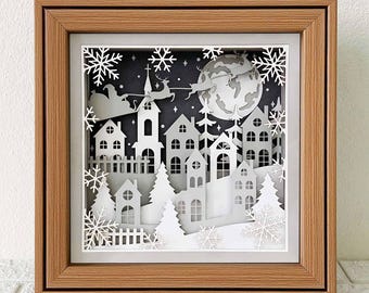 3D Christmas Village Shadow Box SVG, Rustic Night Scene Layered Cut File (Digital Download)