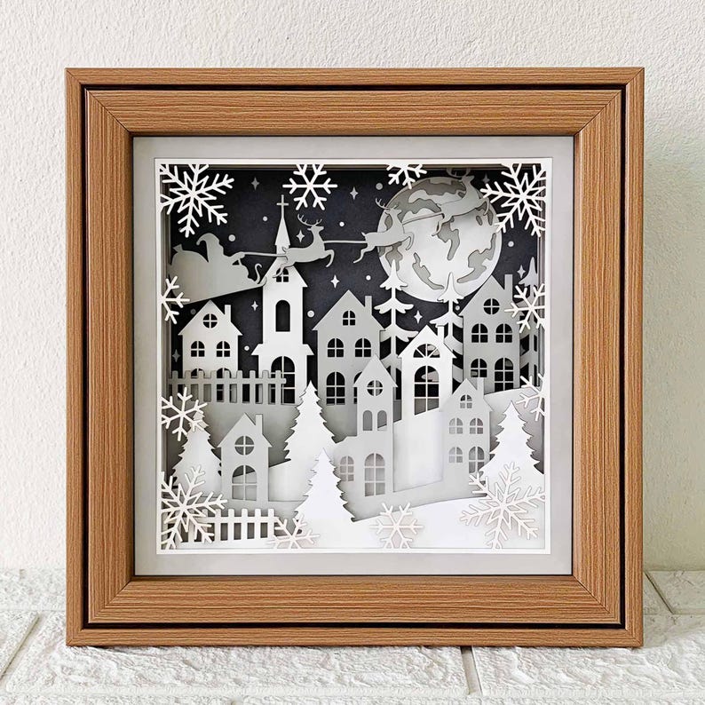 3D Christmas Village Shadow Box SVG, Rustic Night Scene Layered Cut File (Digital Download) image 1