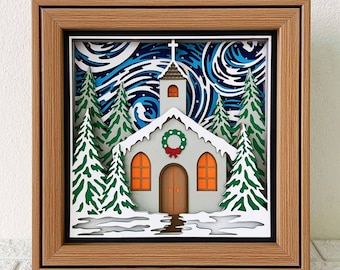 Winter Church 3D Shadow Box SVG/ Church Christmas Cricut Project/ Religious Art/ Church In Snow Layer Cardstock/ For Cricut/ For Silhouette