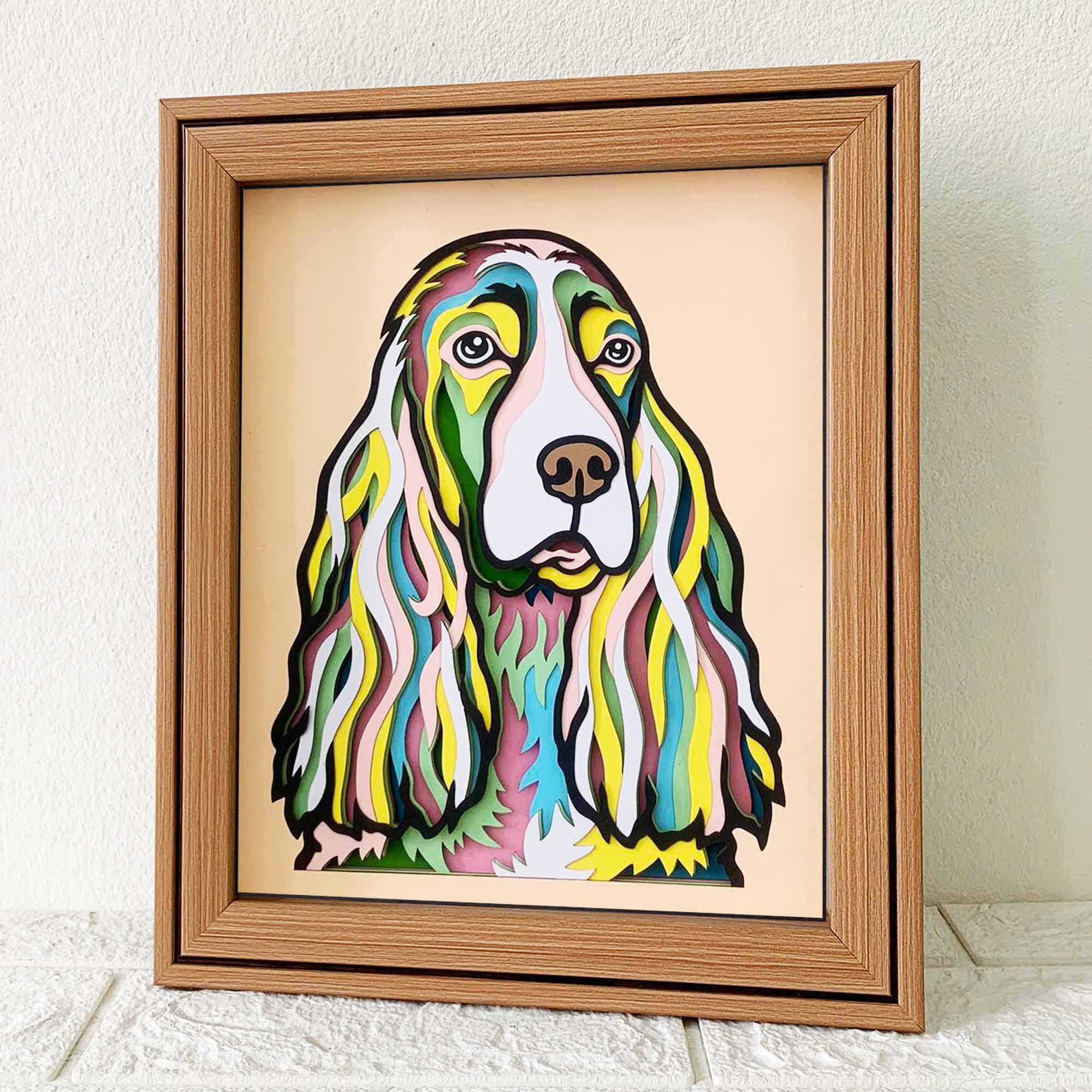 English Cocker Spaniel 3D Shadow Box SVG/ Colorful Dog Papercut Art/ Pet Layer Cardstock/ Cricut Dog Memorial/ For Cricut/ For Silhouette