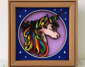 Rainbow Unicorn 3D Shadow Box SVG, Papercut Art (Digital Download)