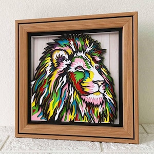 Caixa de sombra 3D de leão SVG/ Papel recortado multicamadas de leão colorido/ Arte de parede de mandala de leão/ Papel cartão de camada de animal selvagem/ Para Cricut/ Para silhueta