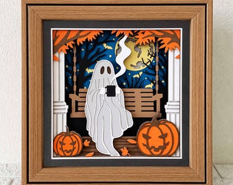 Ghost On Swing Shadow Box SVG, Halloween Layered Cricut Paper Craft (Digital Download)