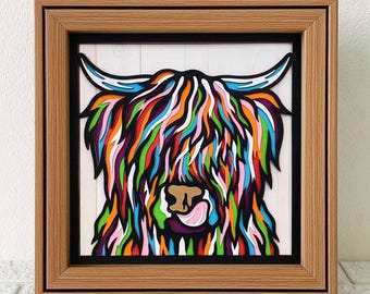Highland Cow 3D Shadow Box SVG, Colorful Farm Animal Papercut Art (Digital Download)