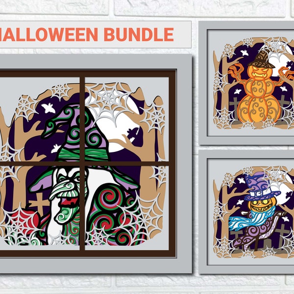 Halloween Shadow Box Bundle/ The Witch, Scarecrow And Stacked Pumpkin Mandala SVG/ Holiday 3D Cricut Project/ Home Decoration For Halloween