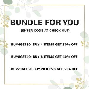 May include: White background with gold frame and green leaf accents. Text reads "BUNDLE FOR YOU" and "(ENTER CODE AT CHECK OUT)". Offers include "BUY4GET30", "BUY8GET40", and "BUY20GET50" for discounts on multiple items.