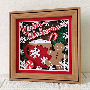 Accueil chaleureux 3D Shadow Box / Pain d'épice et cacao chaud en couches SVG / Boîte cadeau de Noël / Papier cartonné de Noël 3D / Pour Cricut / Pour Silhouette
