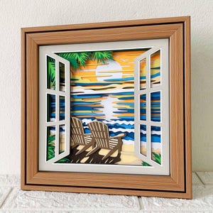 Sonnenuntergang am Strand 3D Shadow Box SVG / 3D Strand Papierschnitt Kunst / Sommer Strand Geschichtet Karton / Fenster Strand Kunst / SVG für Cricut / für Silhouette