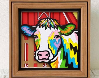 3D Colorful Cow Shadow Box SVG, Farm Animal Layered Papercut Template (Digital Download)