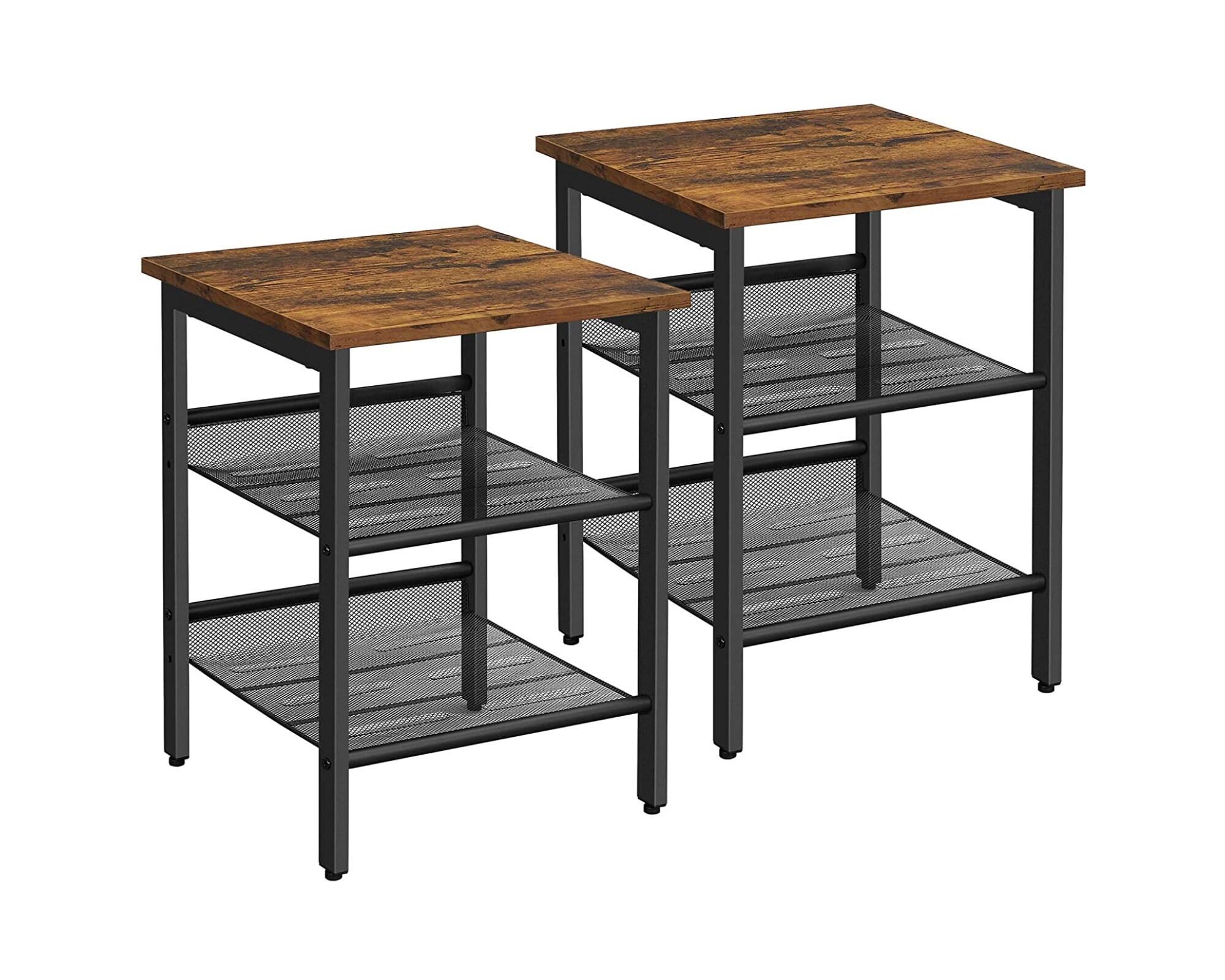2 Tables de Chevet Rustique Étagère en Maille Pieds et Cadre Métallique Noir Table d'appoint Salon M