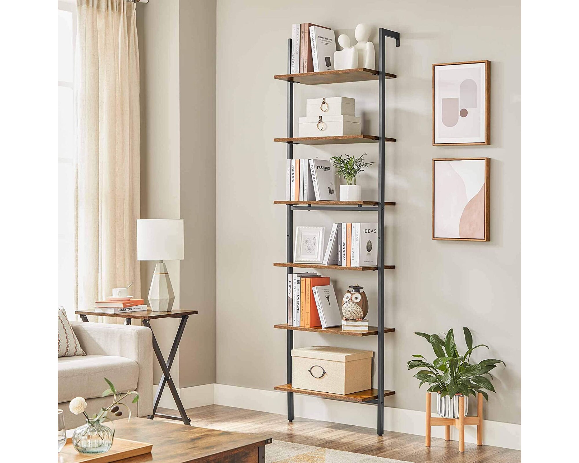 Étagères à Échelle 6 Niveaux Bibliothèque en Bois Structure Métal Présentoir Livre Style Industriel