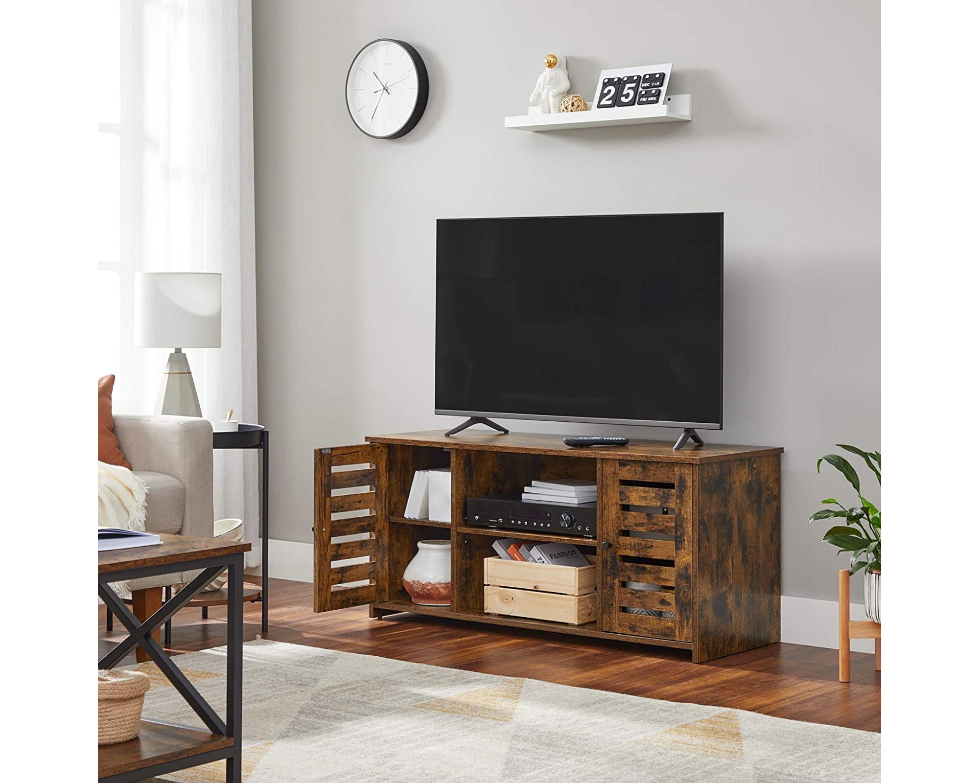 Meuble Tv Ouvert Unité de Télévision en Bois Rustique Double Portes Étagère Placard Console Vitrine 