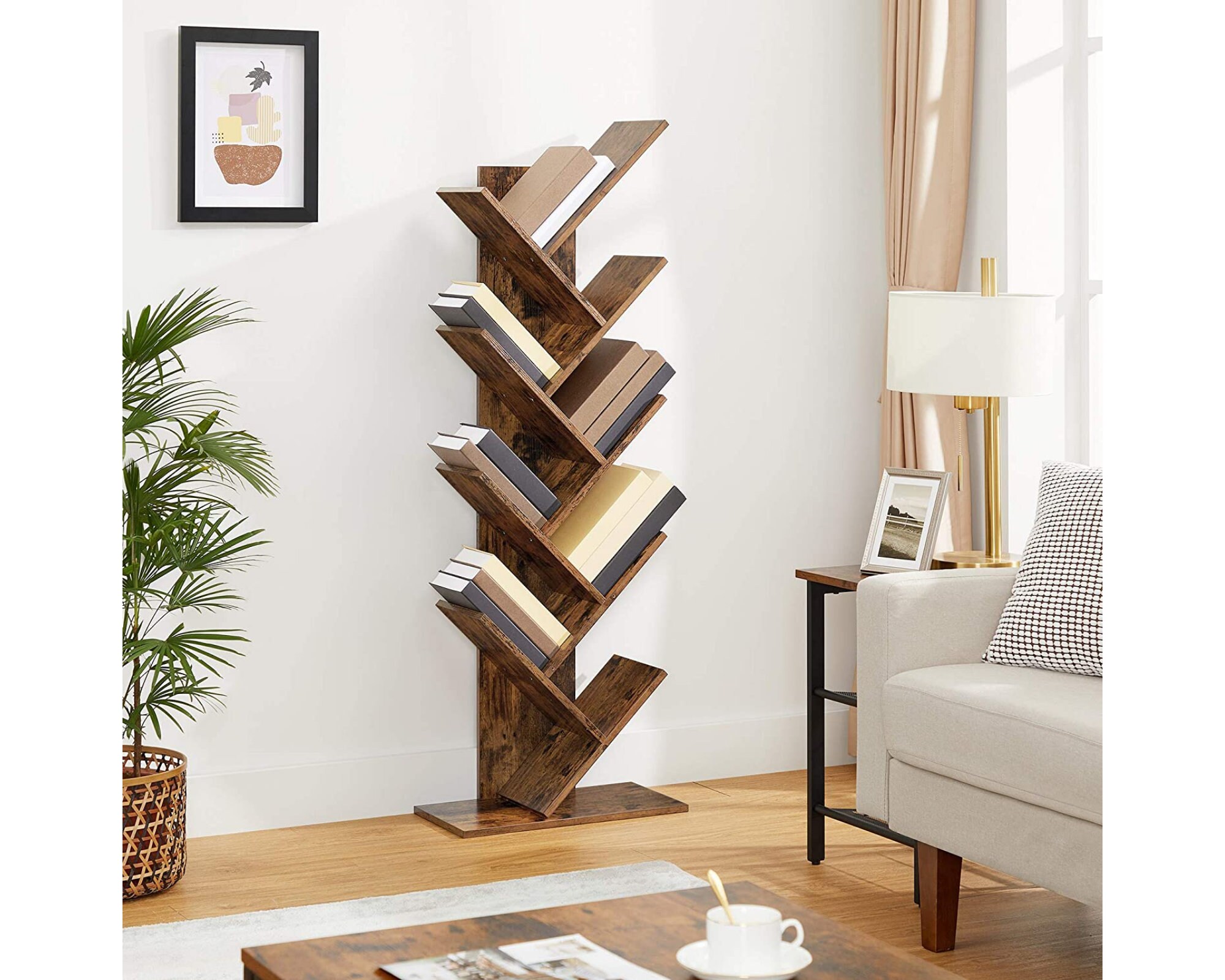 Bibliothèque à Arbre en Bois Étagères 8 Niveaux Présentoir Livre Cd Style Industriel Marron Stockage