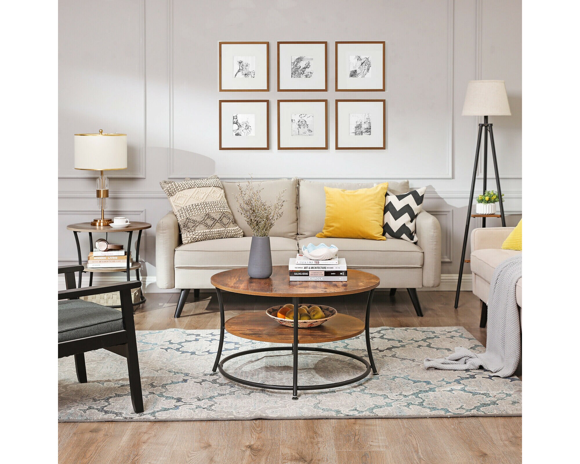 Tables Basses Ronde 2 Niveaux Étagère de Rangement Pieds en Aciers Cadre Métallique Noir Meuble Salo