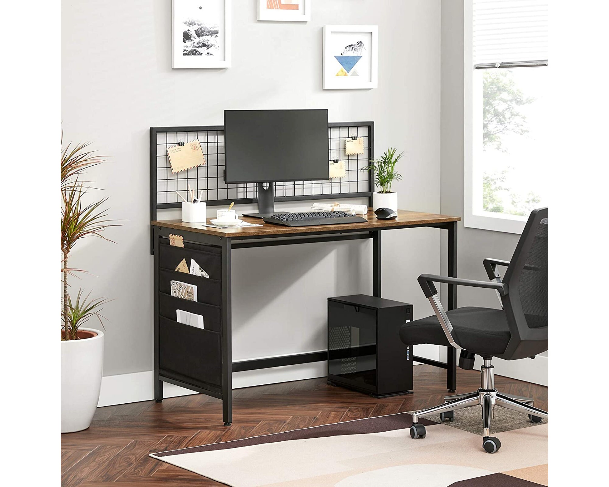 Bureau en Bois Style Industriel Panneau Grillagé Acier Pochettes de Rangement Table Travail Rustique