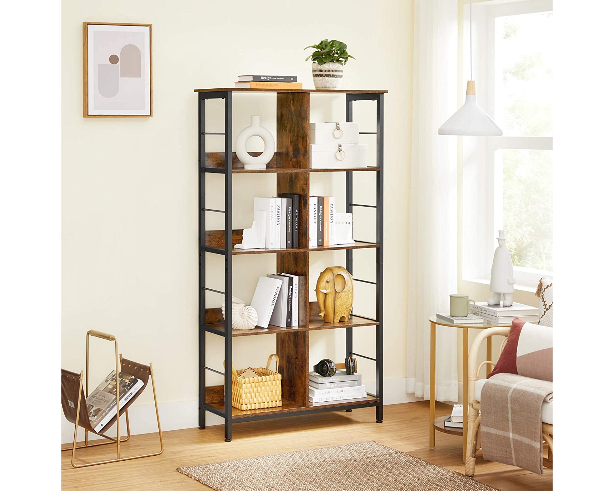 Bibliothèque Étagères à 5 Niveaux en Bois Rustique Structure Métal Présentoir Livre Style Industriel