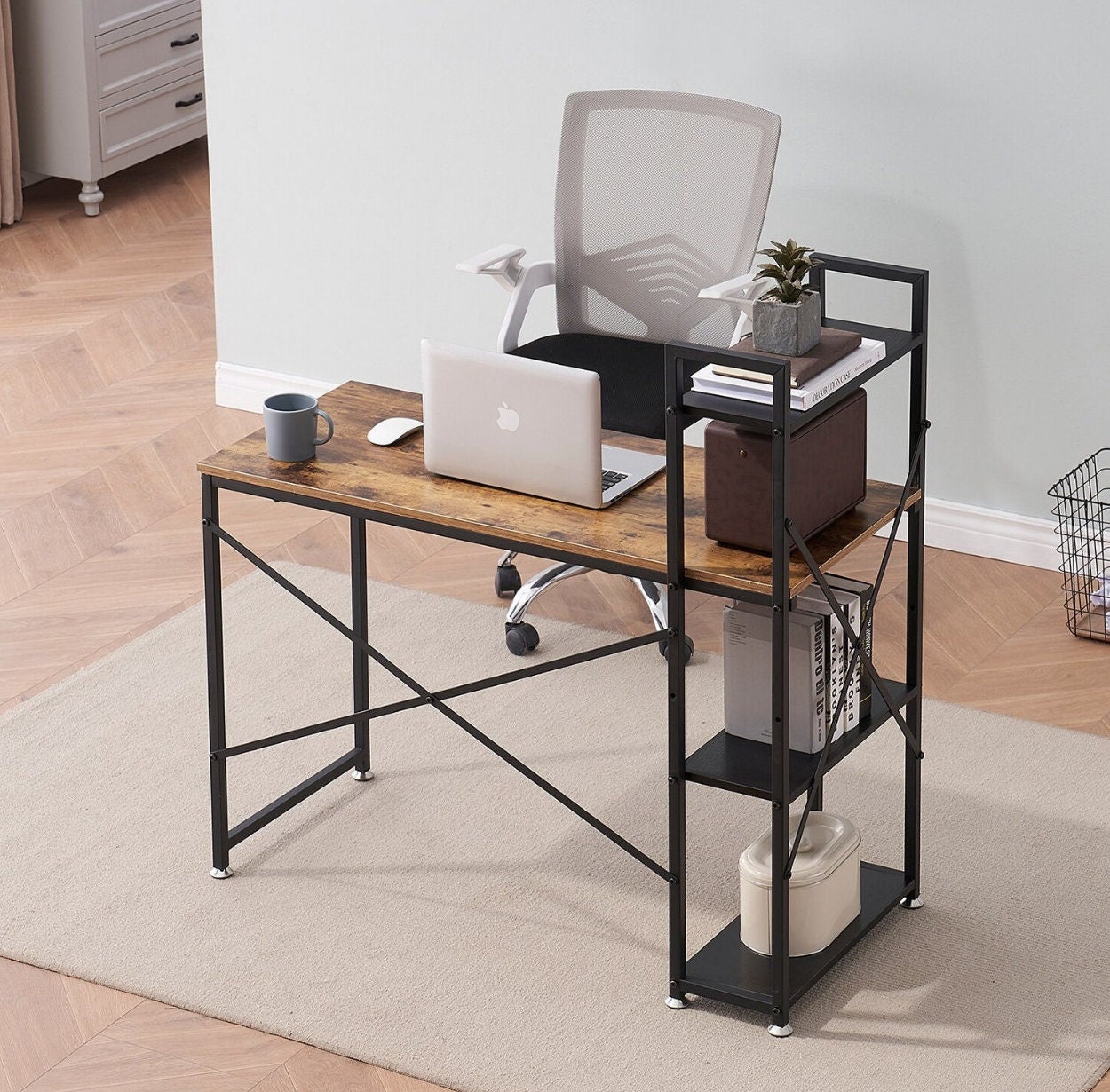 Bureau en Bois Style Industriel Table Rustique Moderne Pieds Structure Métallique Noir Étagères Orga