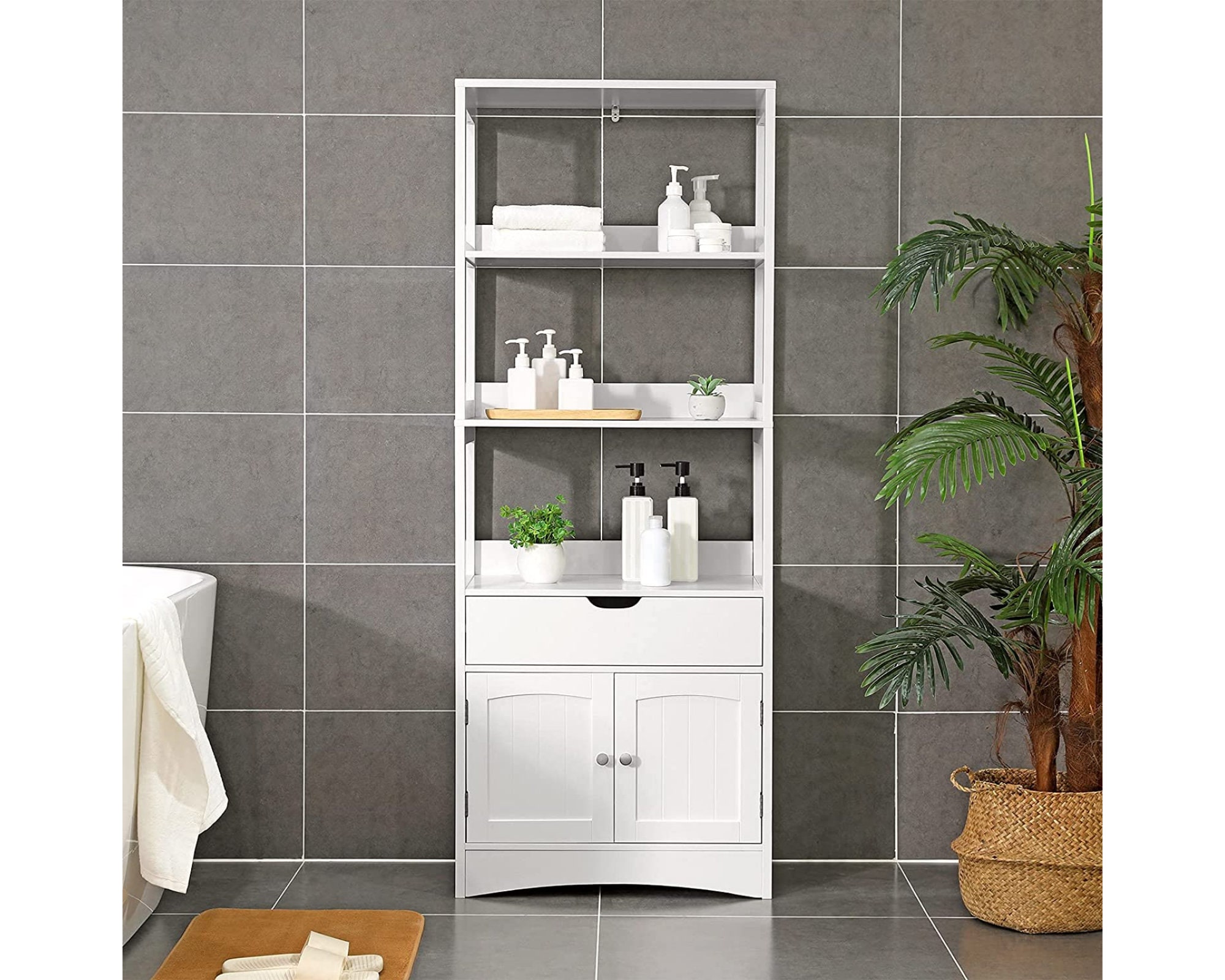 Meuble de Salle Bain Étagère Placard Double Portes avec Tiroir Armoire Rangement Buffet en Bois Blan