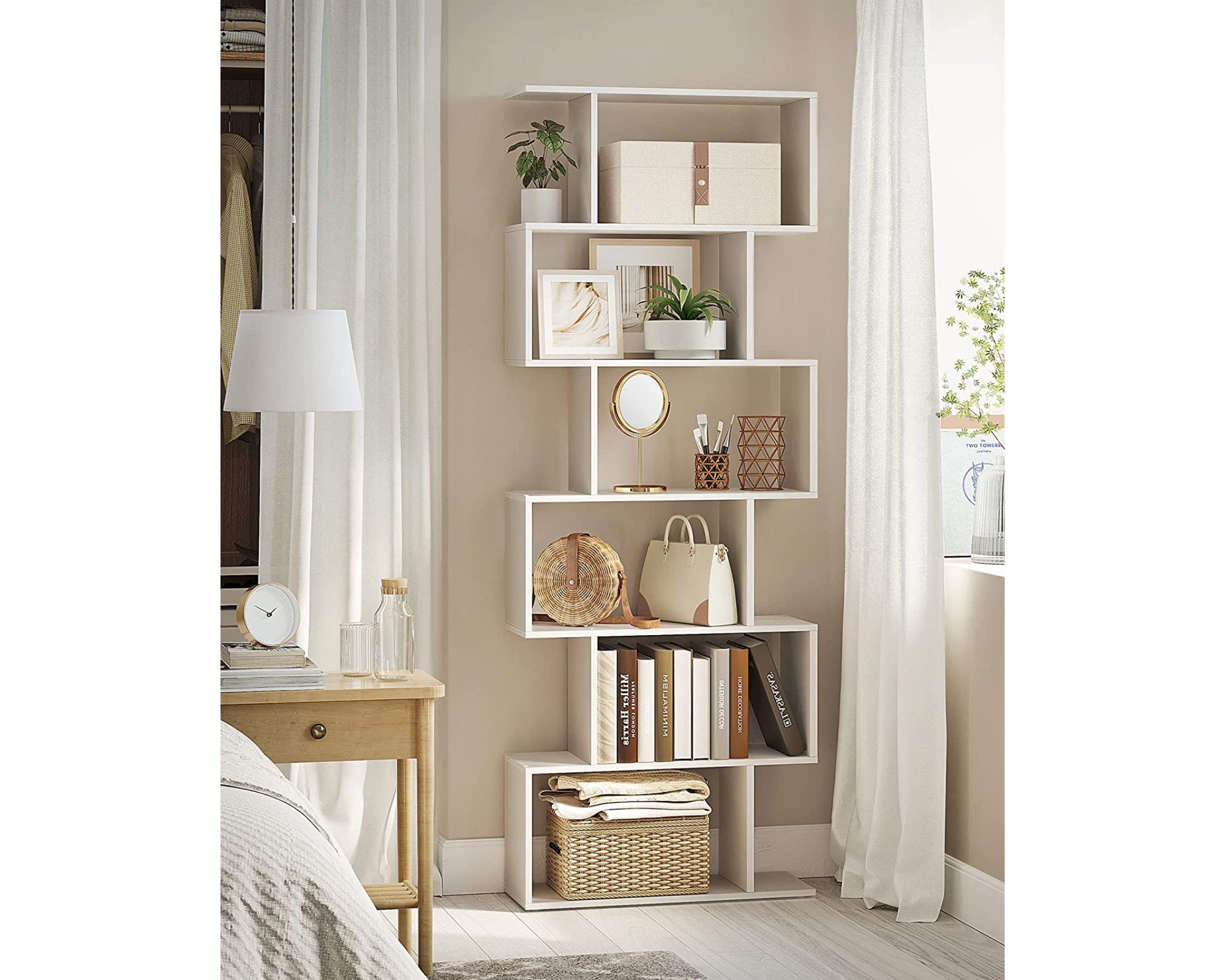 Bibliothèque Zigzag en Bois Blanc Étagères 6 Niveaux Présentoir à Livre Cd Style Moderne Design Stoc