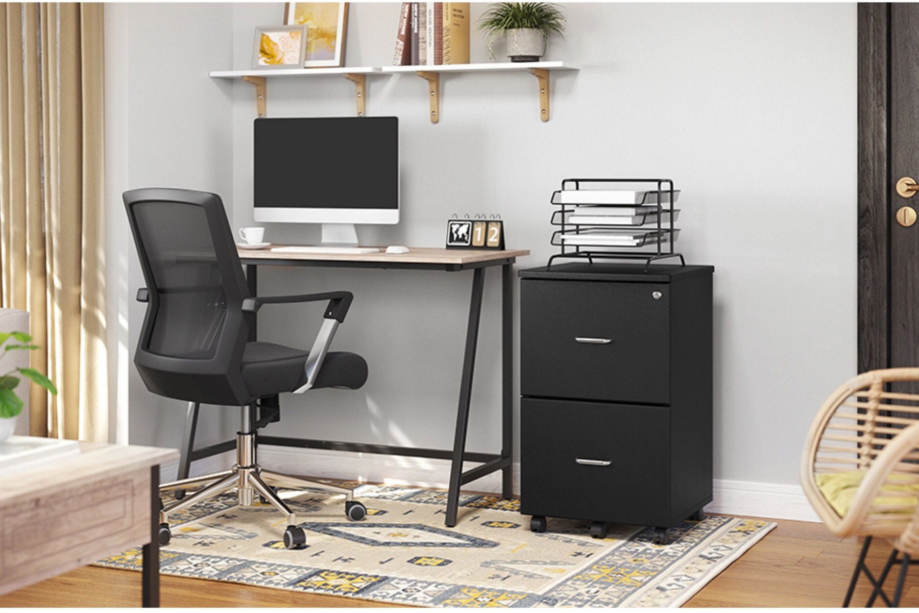 Caisson de Bureau Noir Granite 2 Tiroirs Casier Mobile sur Roulette Serrure Organisation Rangement B