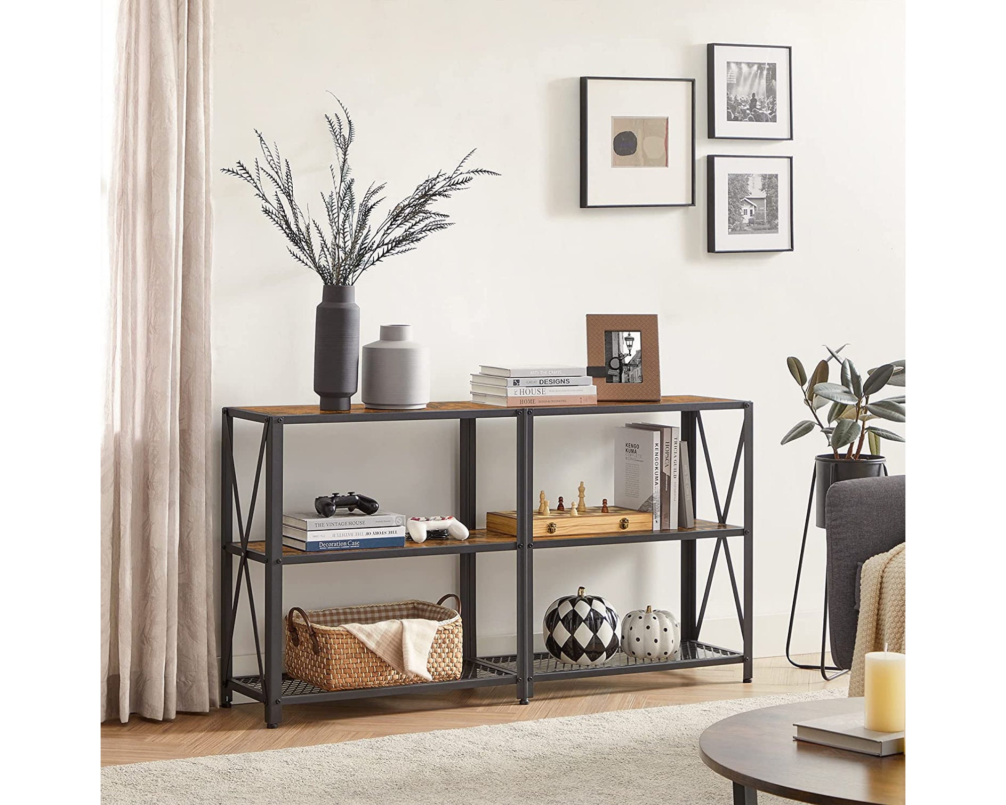 Console Table d'appoint en Bois Style Industriel Étagère 3 Niveaux Acier Structure Métallique Buffet