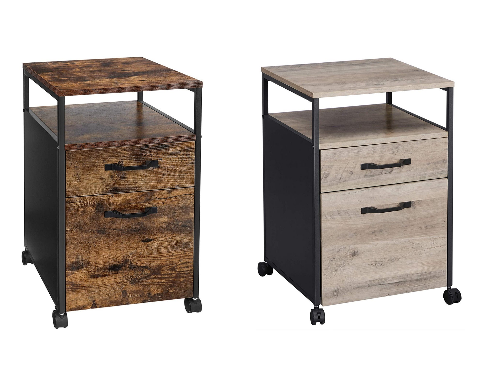 Caisson de Bureau Marron Rustique Grège Noir 2 Tiroirs Casier Mobile sur Roulette Étagère Organisati