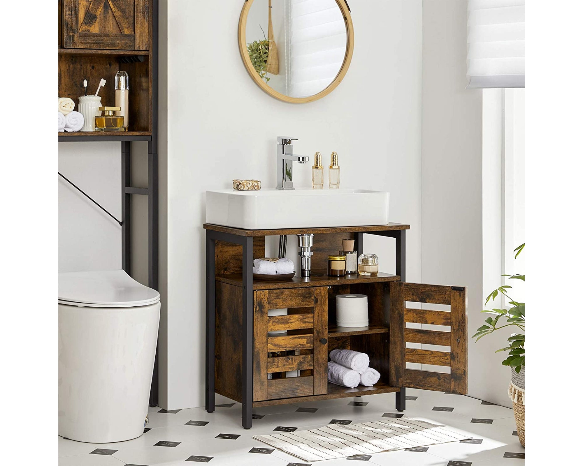 Meuble Sous Lavabo Salle de Bain Étagère Placard Double Portes Persienne Armoire Rangement Style Ind