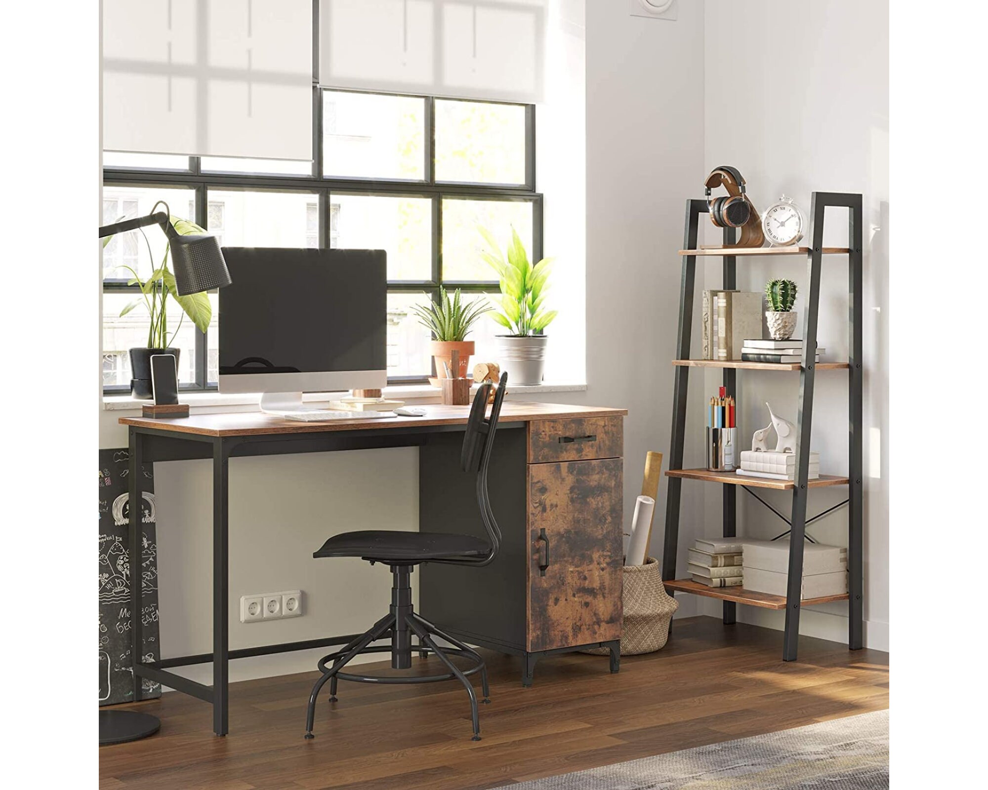 Bureau en Bois Style Industriel Étagère Placard Tiroir de Rangement Table Travail Marron Rustique Pi