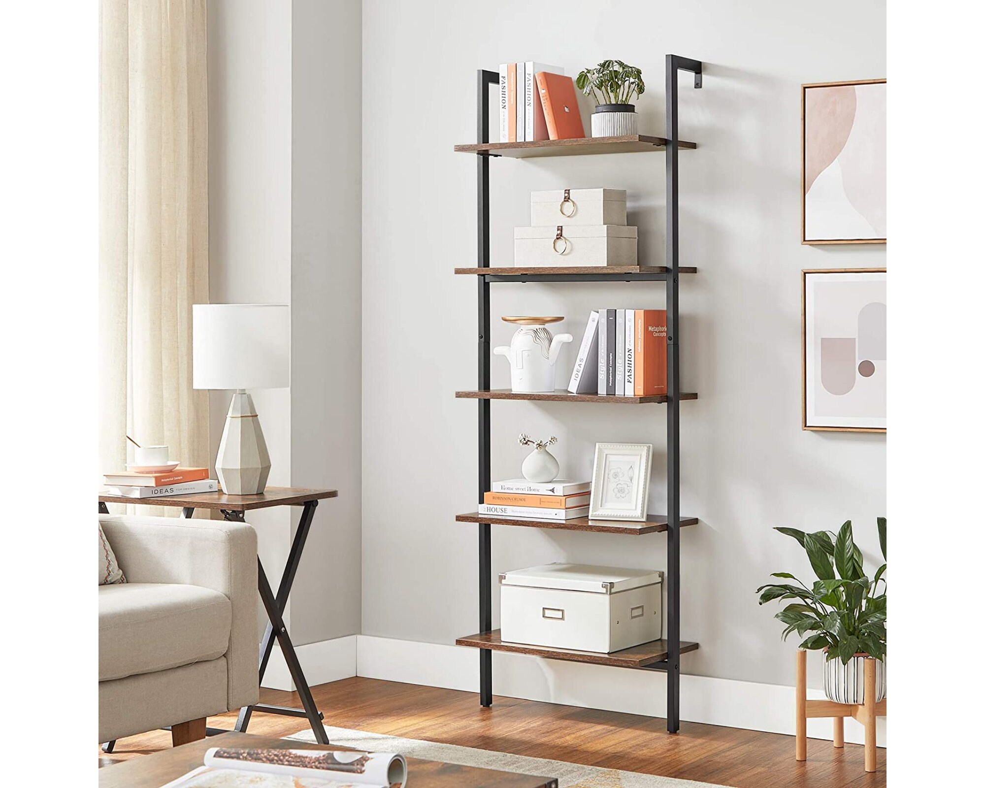 Étagères à Échelle 5 Niveaux Bibliothèque en Bois Structure Métal Présentoir Livre Style Industriel