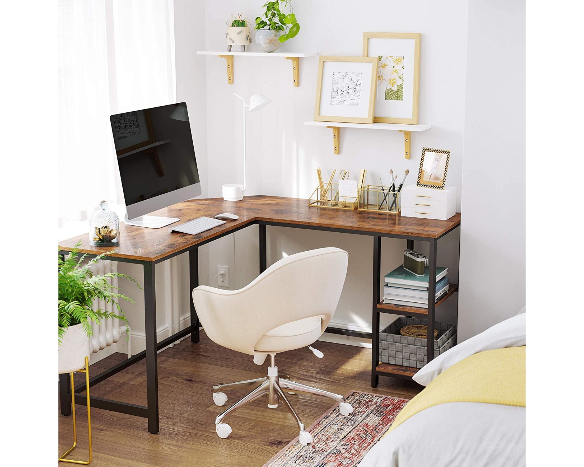 Bureau en Bois d'angle L Style Industriel Étagères Table de Travail Informatique Rustique Structure