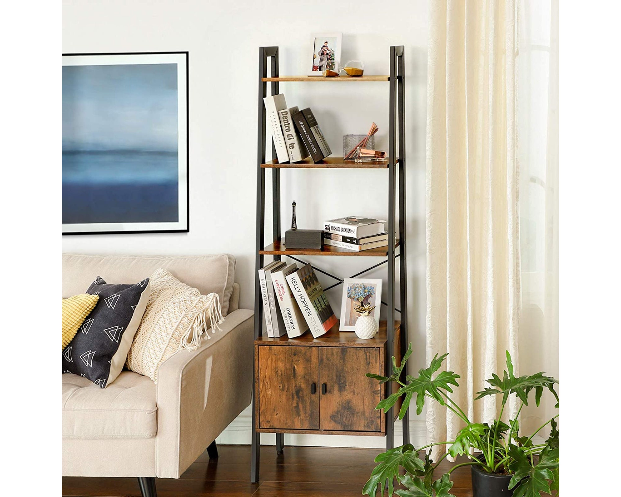 Étagères à Échelle 4 Niveaux Bibliothèque en Bois Rustique Placard Structure Métal Présentoir Livre