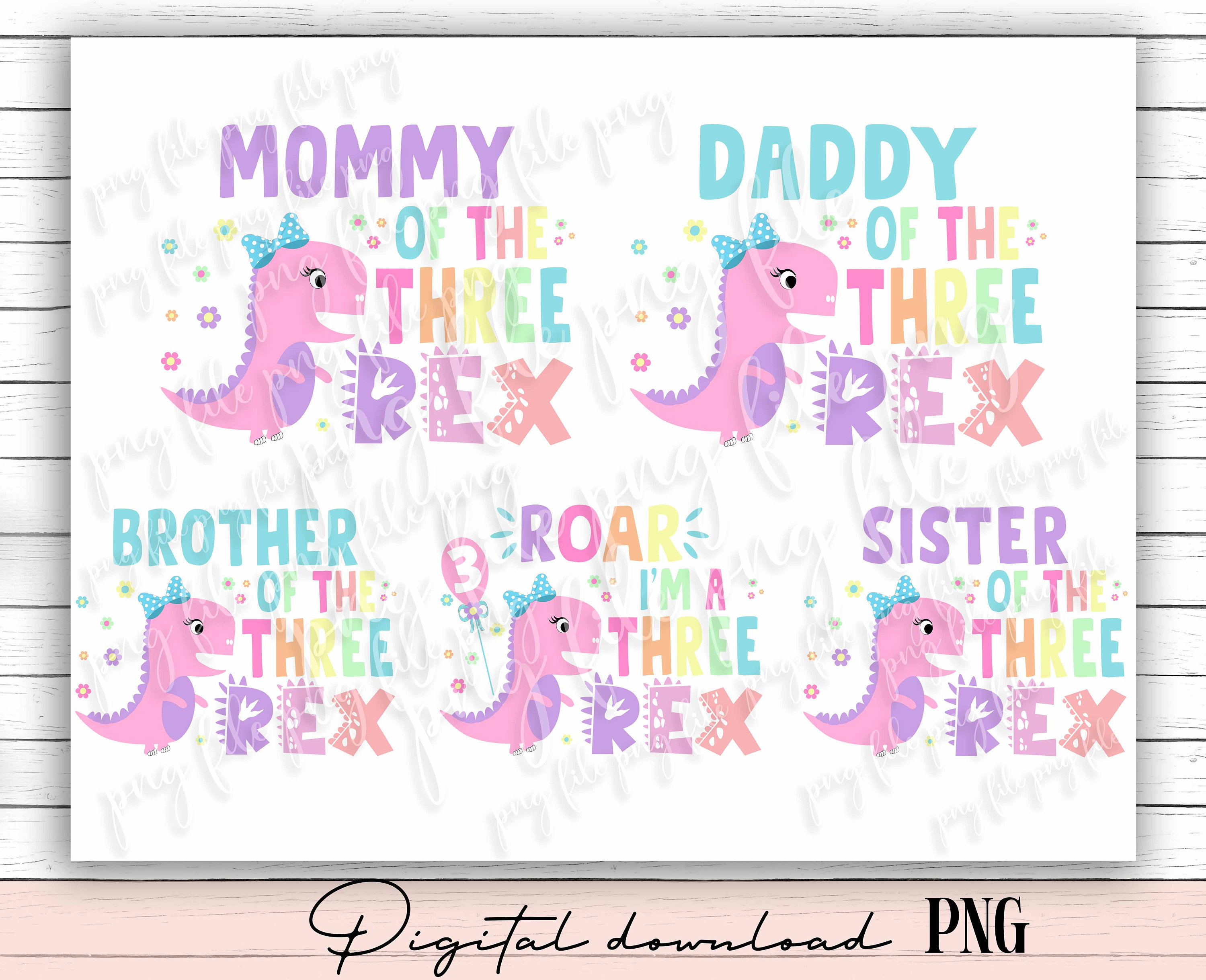 Girl Dinosaur PNG File, Three rex girl birthday, Girl Three Rex png, Girl Third Birthday Design digital file, Dinosaur 3rd Birthday File D8
