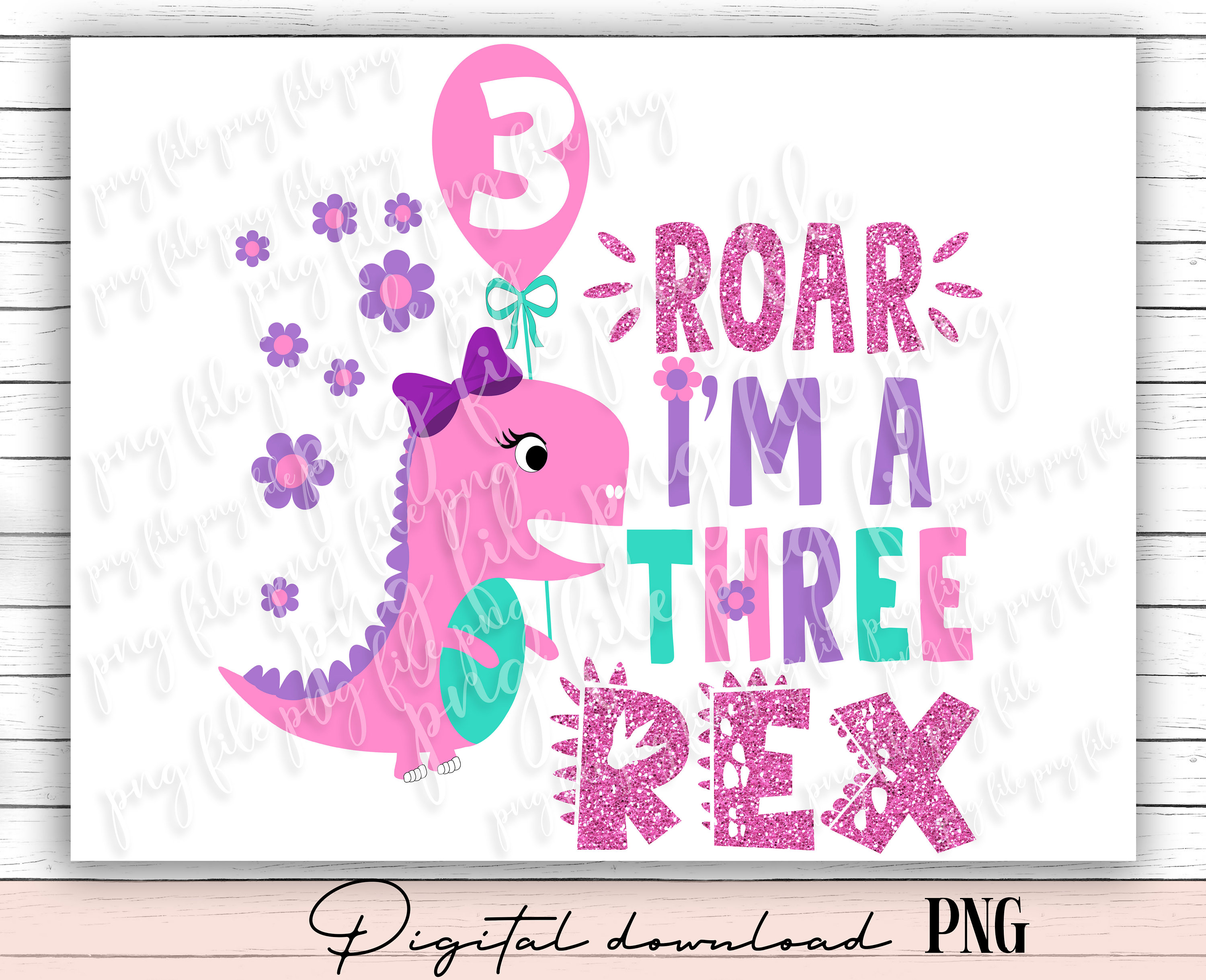 Girl Dinosaur PNG File Three Rex Girl Birthday Girl Three Etsy
