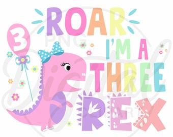 Girl Dinosaur 3rd Birthday PNG: Three Rex Design (Digital Download